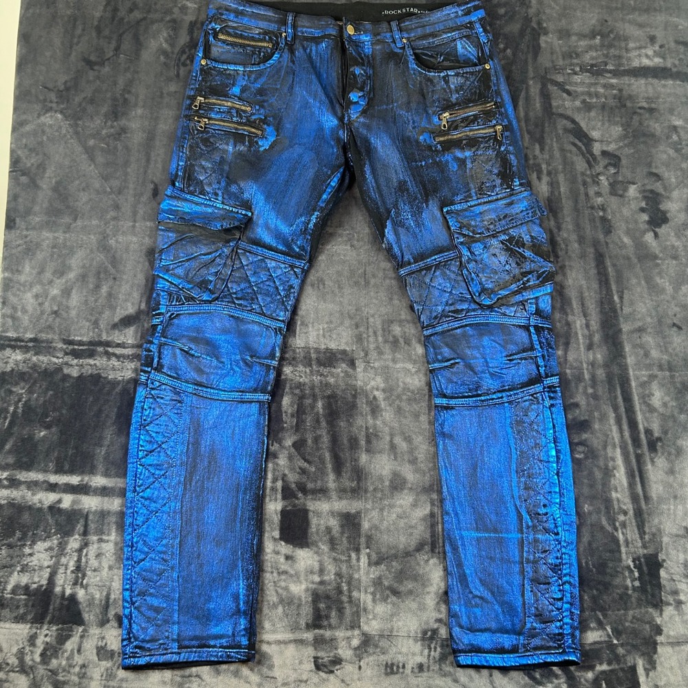 Rockstar Cargo Pants Mens Size 40 Blue Metallic Biker Zipper Quilted Streetwear